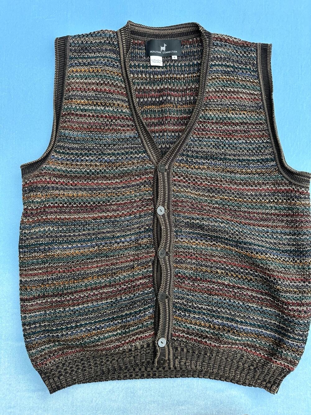 Vintage Peruvian Connection 100% Pima Cotton Sweater Vest Men L Multicolor